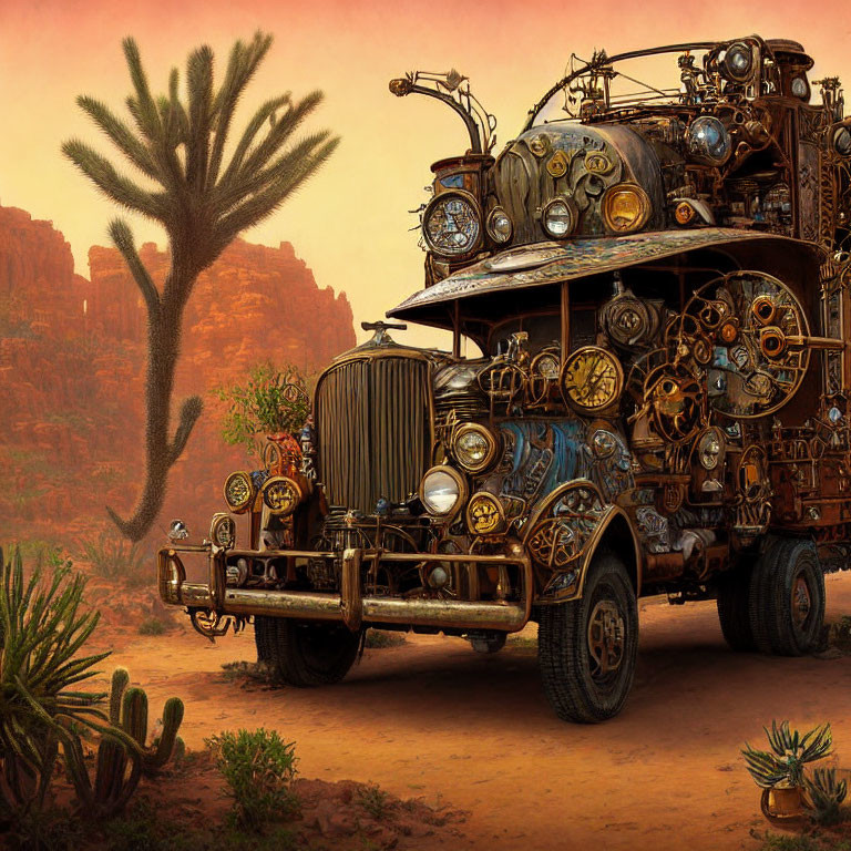 Vintage truck with mechanical parts in desert landscape.