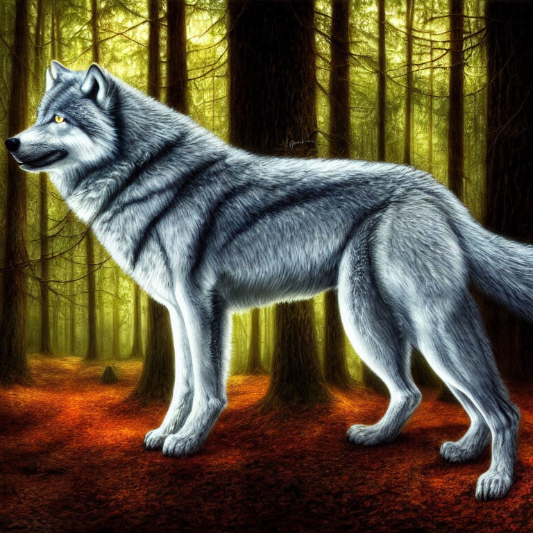 Majestic grey wolf in mystical forest with sunlight filtering