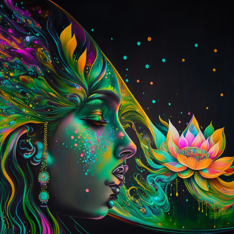 Colorful Psychedelic Woman Profile Artwork with Lotus Flower