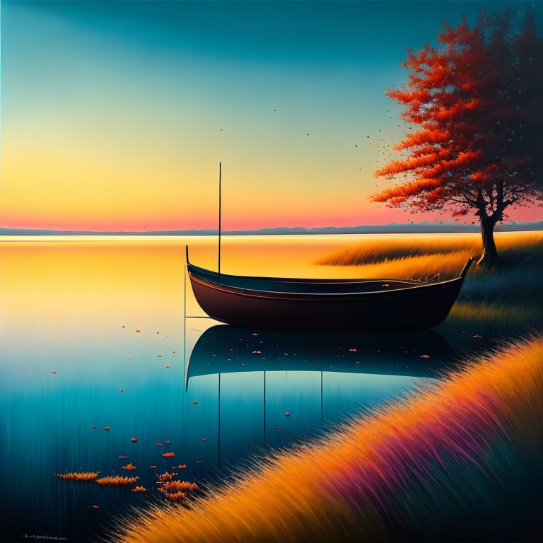 Tranquil scene: solitary boat, calm water, vibrant grass, autumn tree, colorful sunrise or