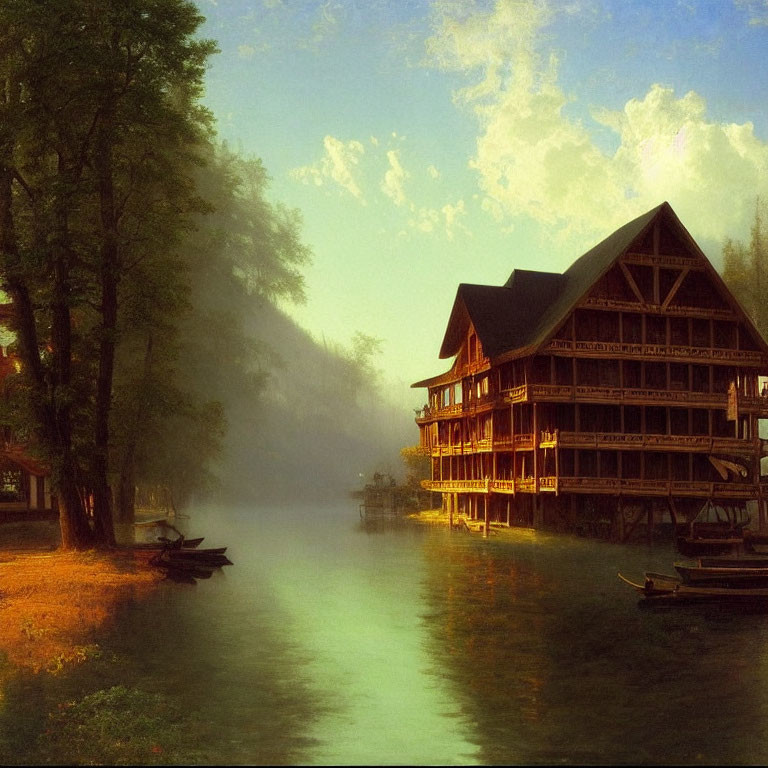 Tranquil river with lush trees, boats, and wooden house on stilts