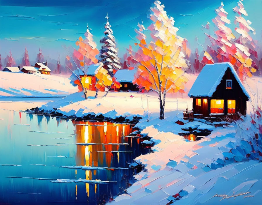 Snowy Landscape Painting: Dusk Scene with Cottages, River, and Autumn Trees