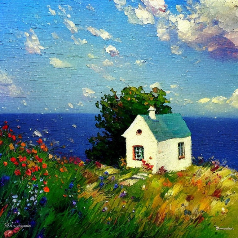 White cottage amidst colorful wildflowers on grassy hill by serene sea & cloudy sky