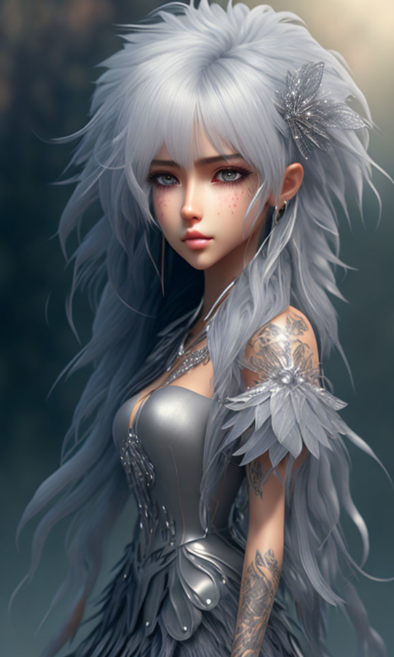 Digital artwork: Woman with silver hair, red eyes, tattoos, feathered outfit, crystal hairpin