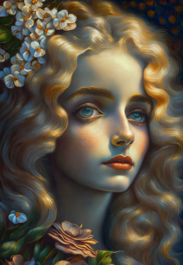 Portrait of young woman with blonde hair, blue eyes, and floral crown in warm lighting