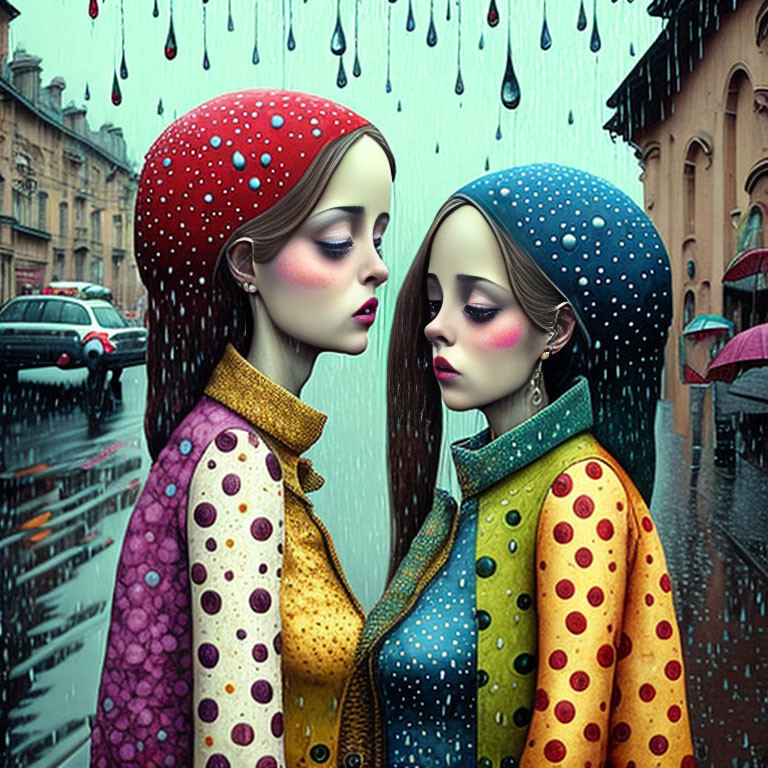 Stylized women in polka-dot outfits in rainy urban setting