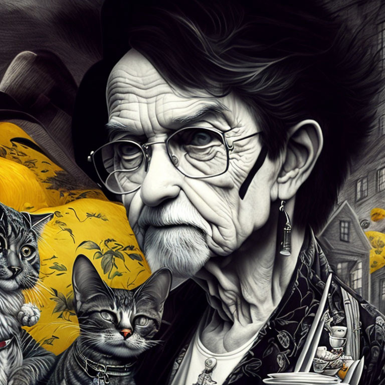 Detailed monochrome illustration of elderly man with glasses and cats, textured with yellow tones.