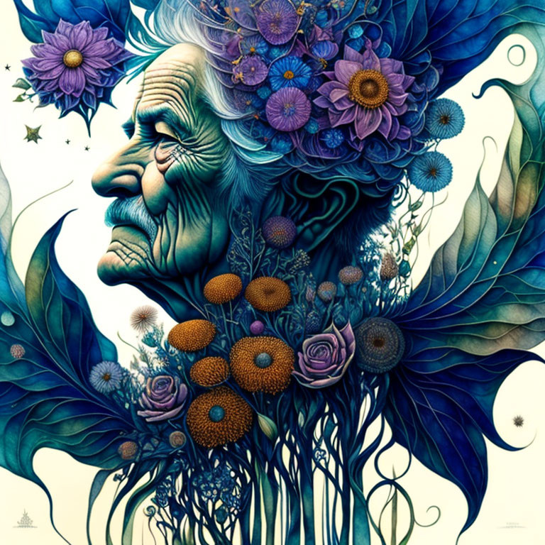 Colorful floral arrangement on elderly person's profile portrait