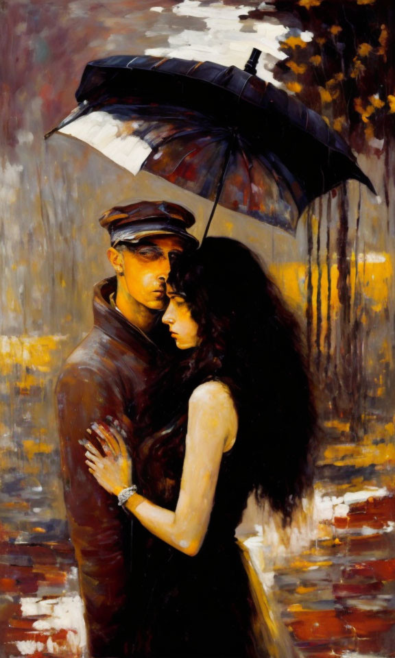 Couple Embraces Under Umbrella in Autumn Scene