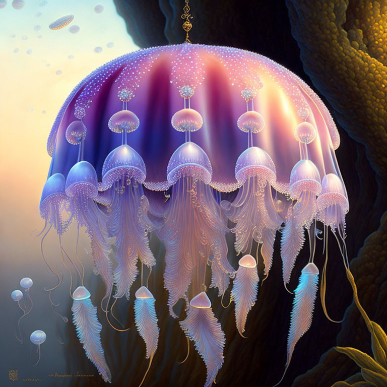 Colorful Fantastical Jellyfish Illustration in Underwater Scene