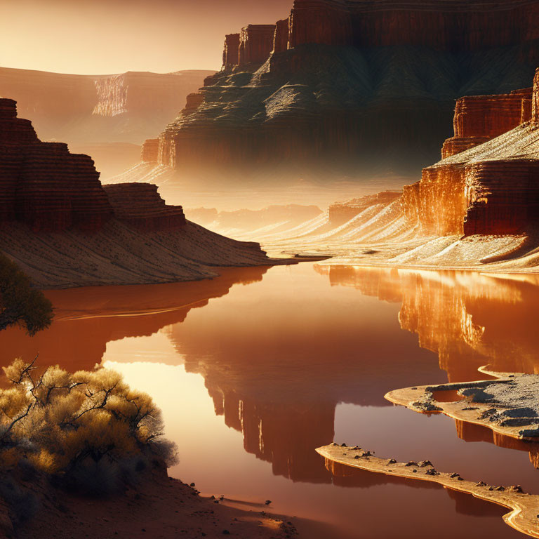 Golden-hour river flowing through majestic canyon with steep cliffs.