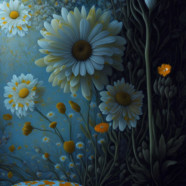 White and Yellow Daisies on Blue Mystical Background