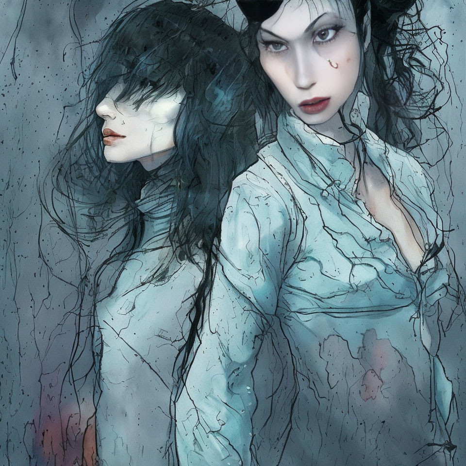 Illustration of pale woman with dark hair and menacing glare in mirrored profile.