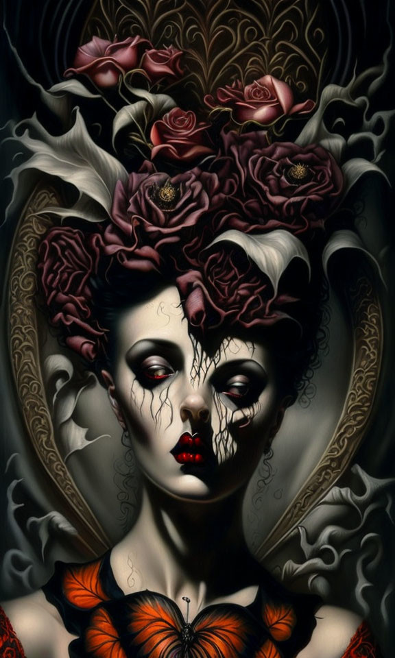 Gothic female portrait with dramatic makeup and floral crown