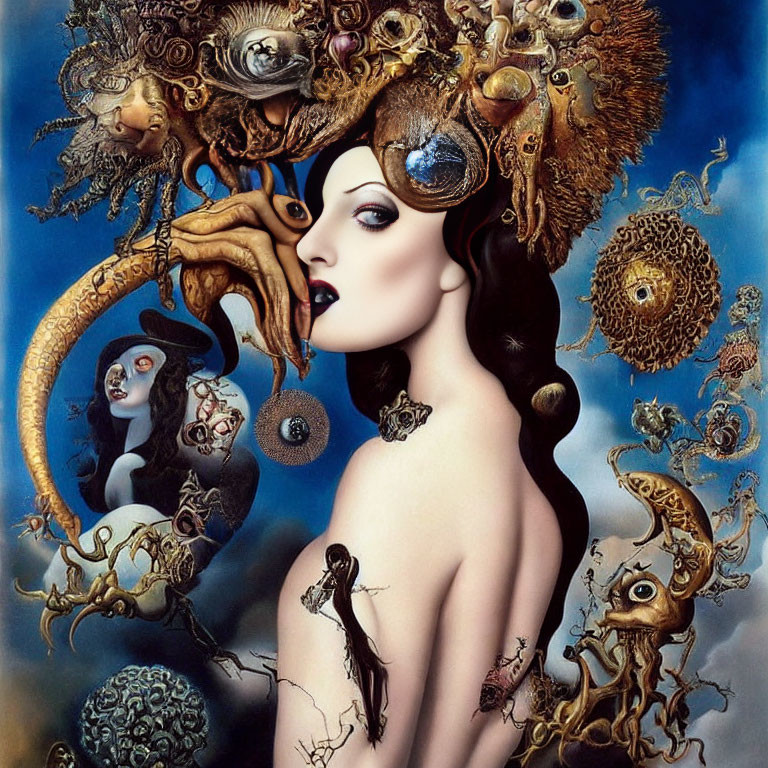 Surreal Woman Art: Ornate Headdress with Eyes, Tentacles, and Fantastical