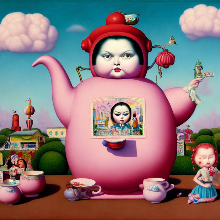 Surreal painting featuring pink teapot with human face and characters on blue sky