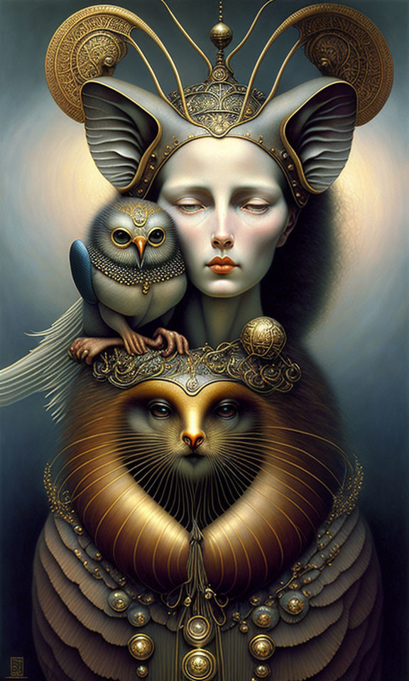 Surreal image of person with crown fused with cat and owl