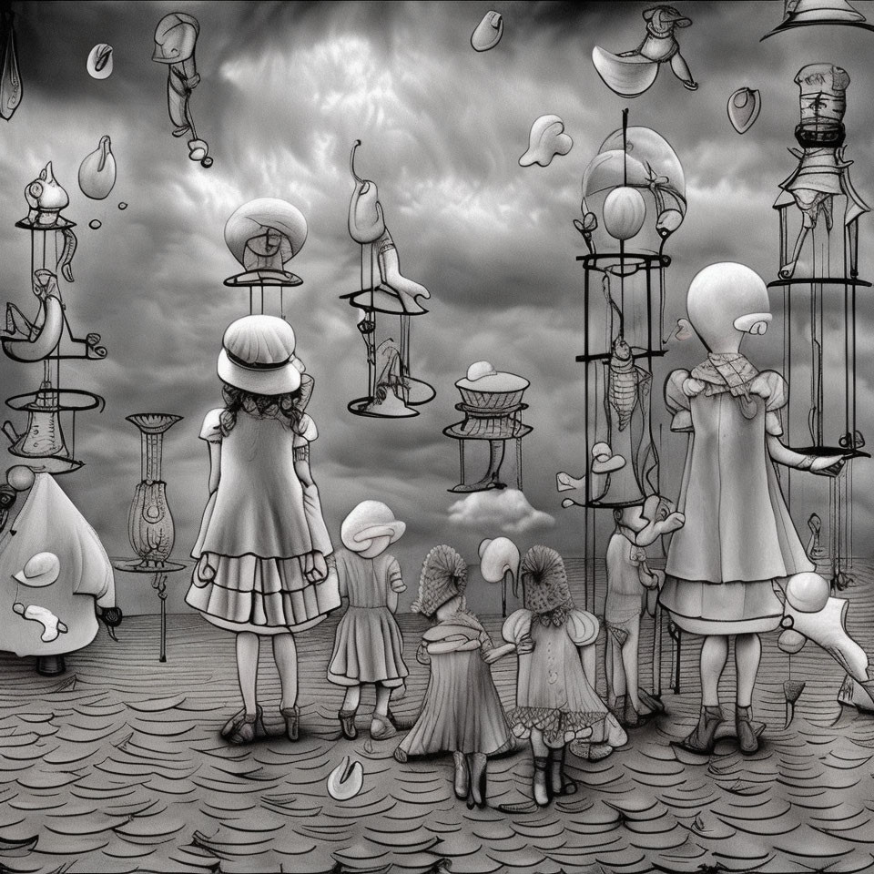 Monochrome surreal image: faceless figures in Victorian attire with floating objects under cloudy skies