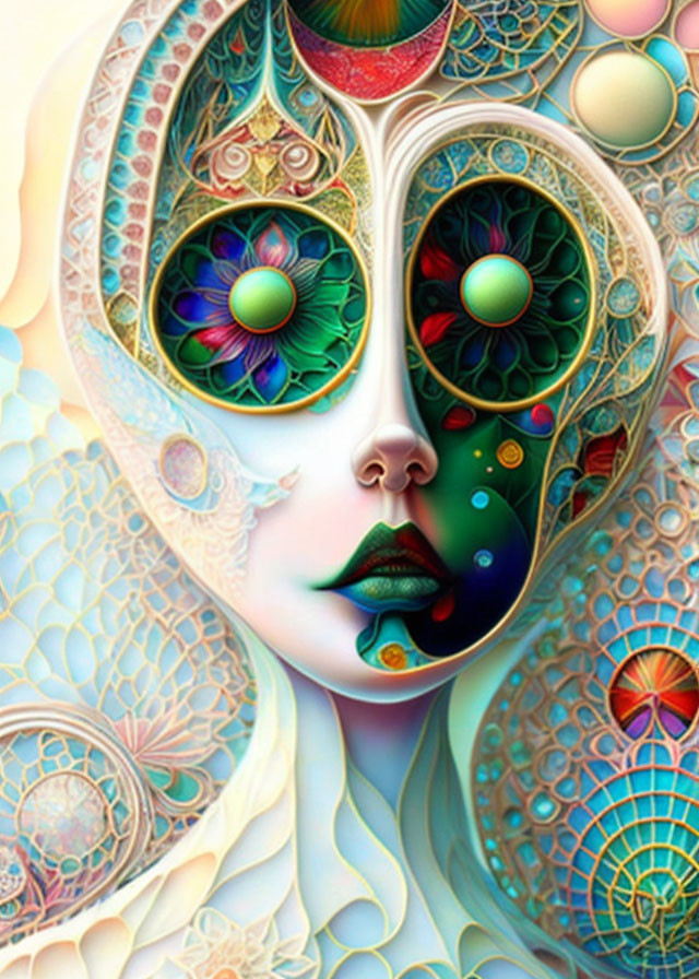 Colorful Psychedelic Digital Art of Woman's Face with Patterns and Peacock Eyes