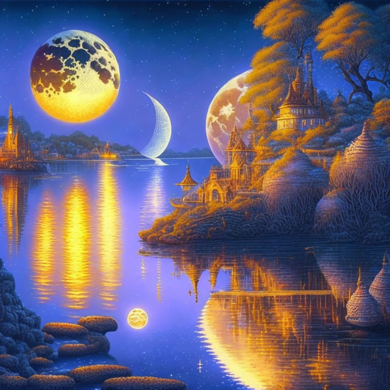 Fantastical landscape with two moons, tranquil lake, illuminated trees, traditional buildings, starry sky