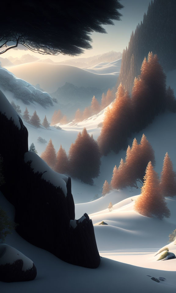 Winter Dusk Scene: Snowy Landscape with Illuminated Trees and Mountainous Background