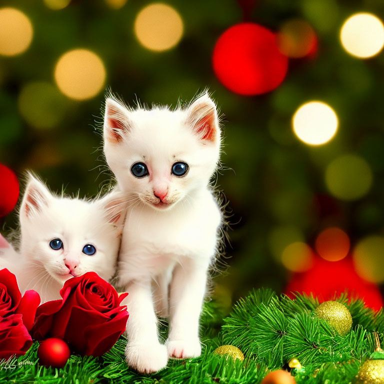 White Kittens with Blue Eyes Among Red Roses and Christmas Decorations