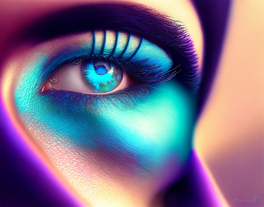 Detailed close-up: Vibrant blue eye with purple and blue makeup, tear drop, and dramatic eyel