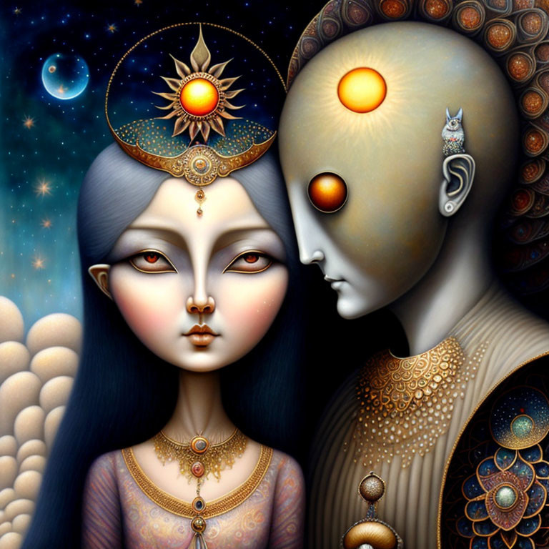 Surreal Artwork: Stylized Man and Woman with Celestial Eyes, Cosmic Background