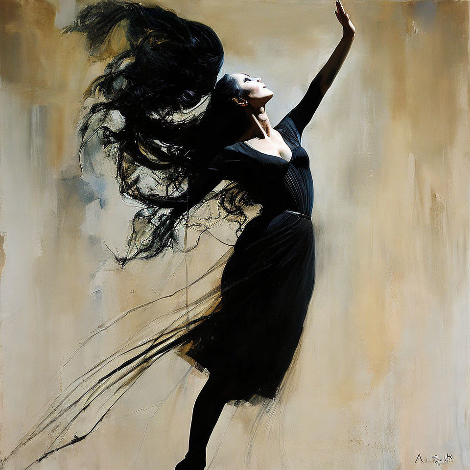 Woman in Black Dress Dancing with Flowing Hair and Extended Arm