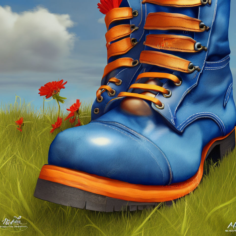 Detailed Blue Boot Illustration with Orange Accents on Grassy Field