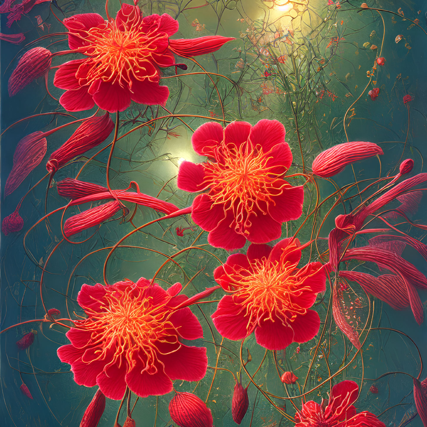 Detailed Image of Vibrant Red Flowers Surrounded by Lush Greenery