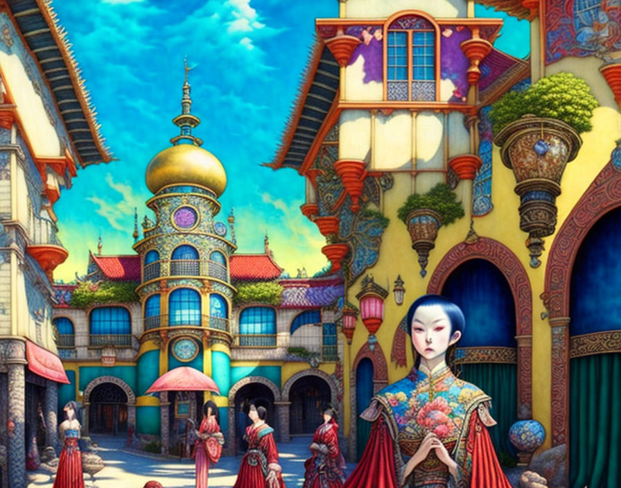 Colorful Eastern Street Scene with Ornate Buildings and Traditional Attire