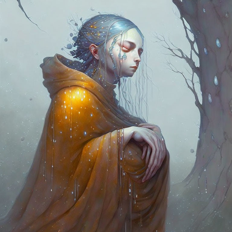 Blue-skinned figure in golden shawl by barren tree with falling droplets