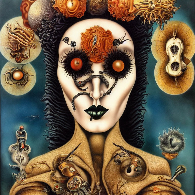 Surreal portrait with hypnotic eyes and biomorphic shapes in earthy tones