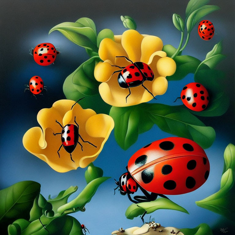 Colorful painting of red ladybugs on yellow flowers against blue backdrop