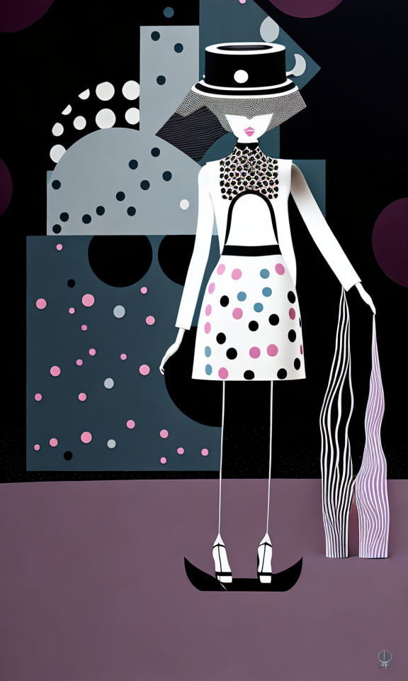 Fashionable woman in dotted dress and hat with abstract background