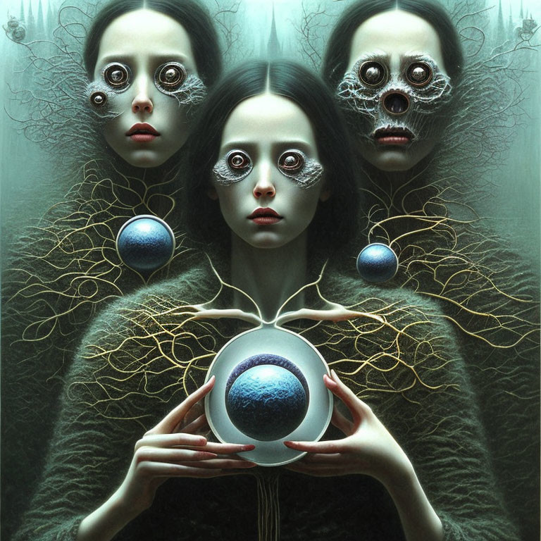 Surreal portrait of woman with three ghostly faces and dark eyes