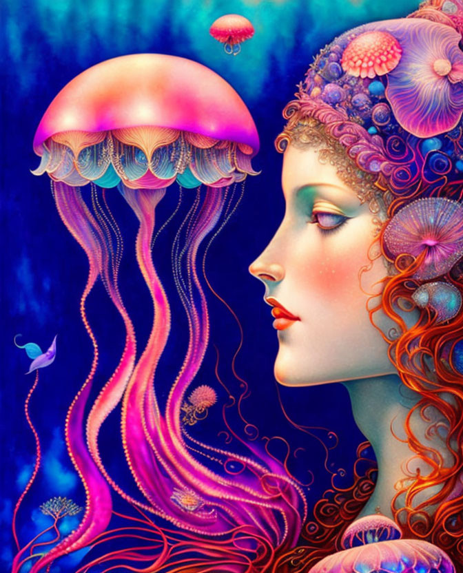 Colorful woman's profile merged with jellyfish motifs in pink and blue, featuring intricate details and dream