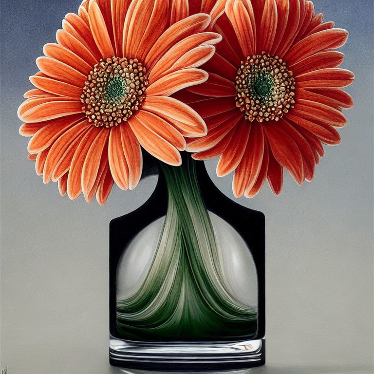 Vibrant Orange Gerbera Flowers in Glossy Black Vase on Grey Background