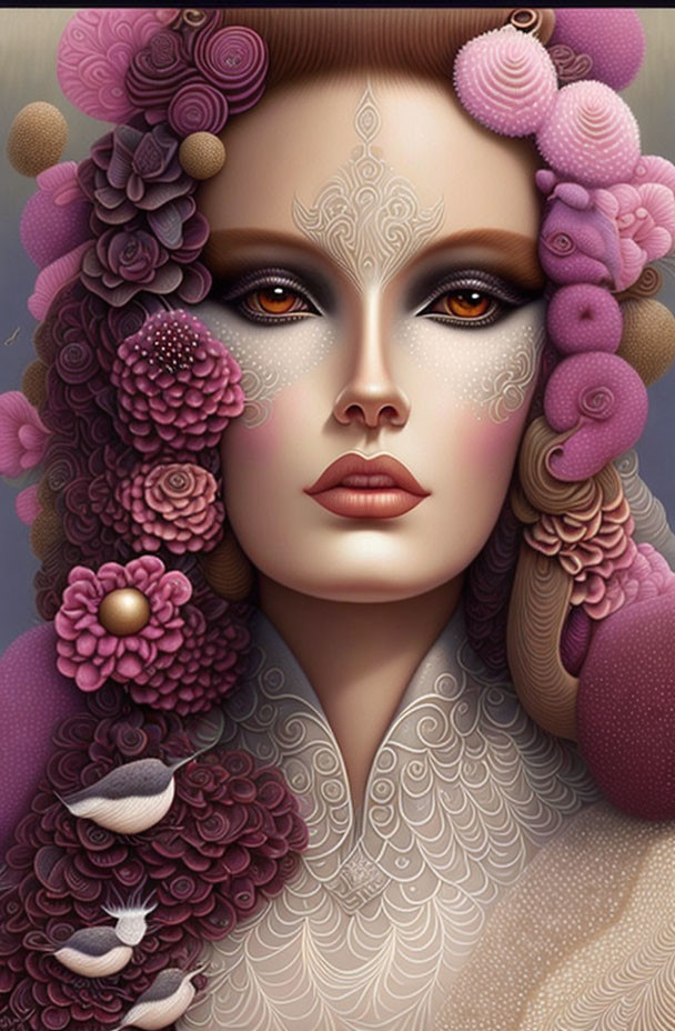 Stylized portrait of woman with floral hair embellishments and face tattoos