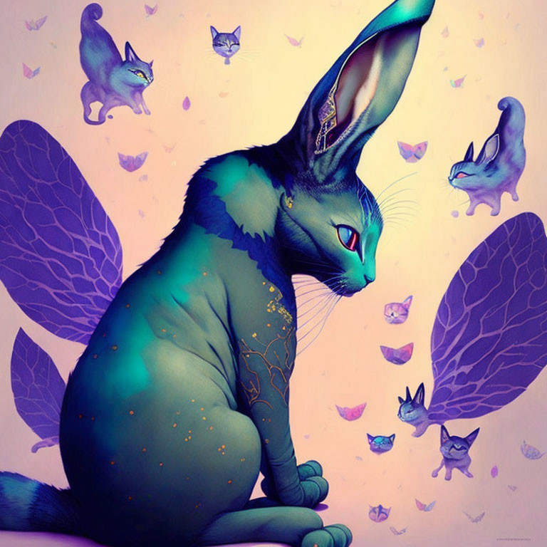 Fantastical blue-green rabbit with catlike features in whimsical setting