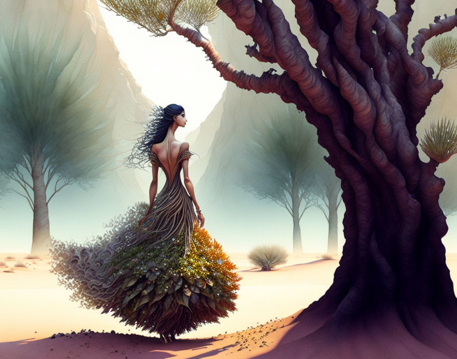 Illustration: Woman in flowing gown merging with foliage, surrounded by whimsical trees in serene desert.