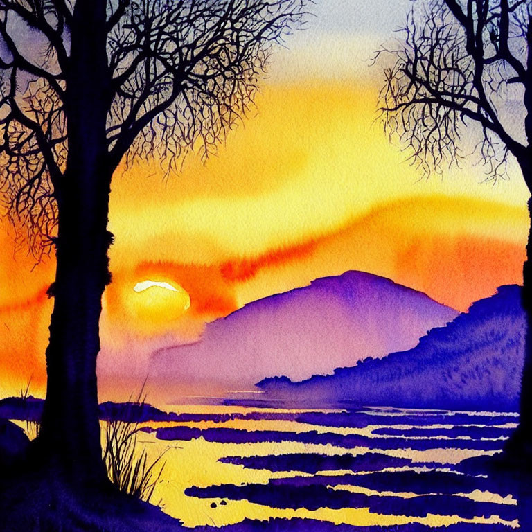 Vibrant sunset watercolor with tree silhouettes, lake, and mountain under gradient sky