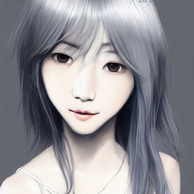 Digital painting of a girl with long silver hair and brown eyes on gray backdrop