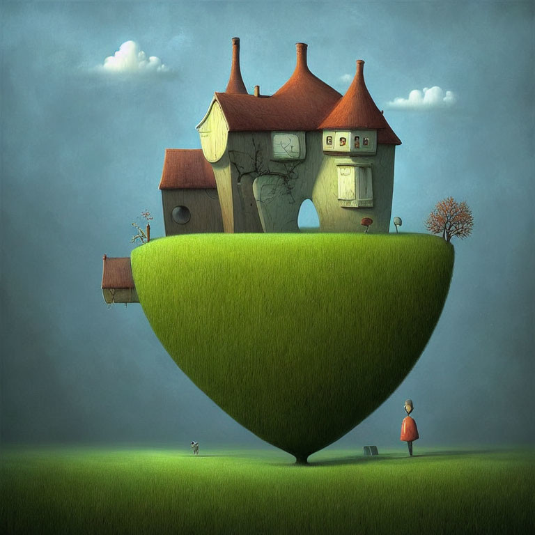 Surreal illustration of quaint house on floating green hill