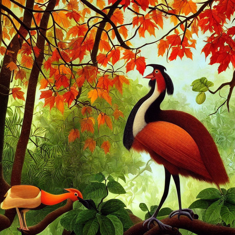 Illustration of two exotic birds in autumn setting