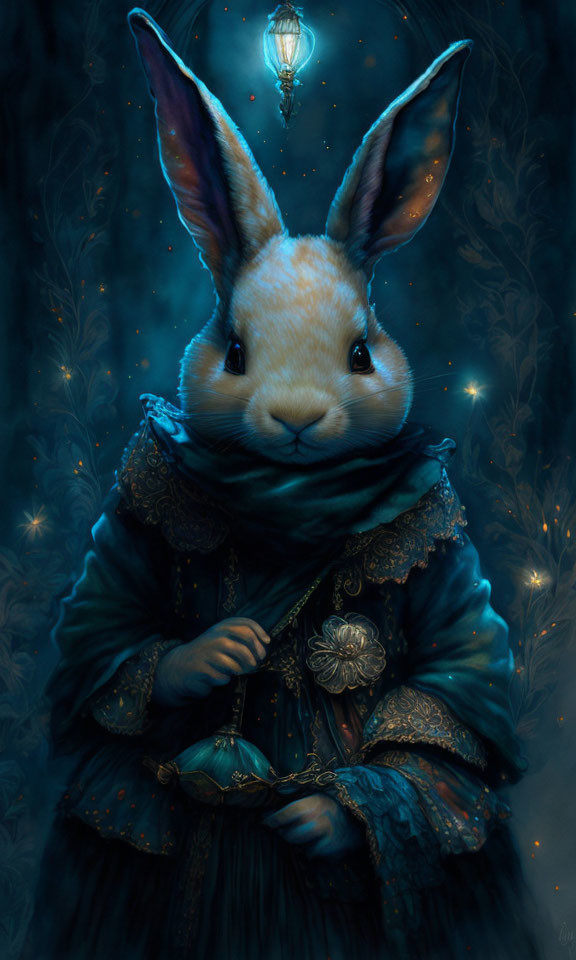 Anthropomorphic rabbit in elegant attire with glowing details against mystical blue background holding lantern