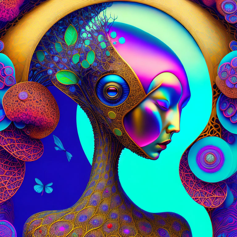 Colorful digital artwork of a female figure with surreal landscape head and geometric elements on blue backdrop