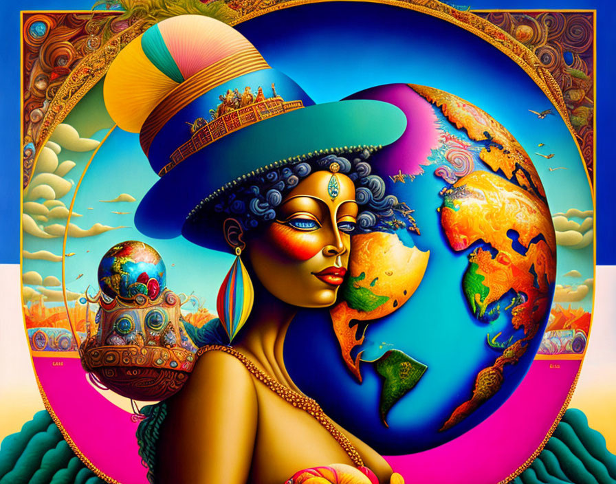 Colorful surreal illustration: Woman with Earth headpiece