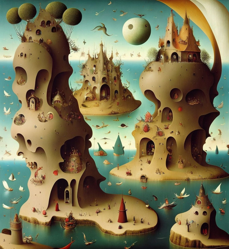 Fantastical surreal landscape with castle-like structures and creatures